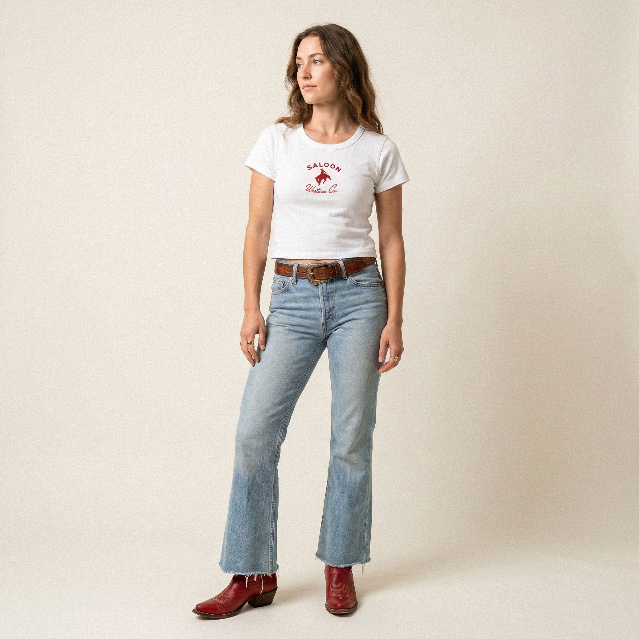 Saloon Cowboy Wo's Baby Tee - White