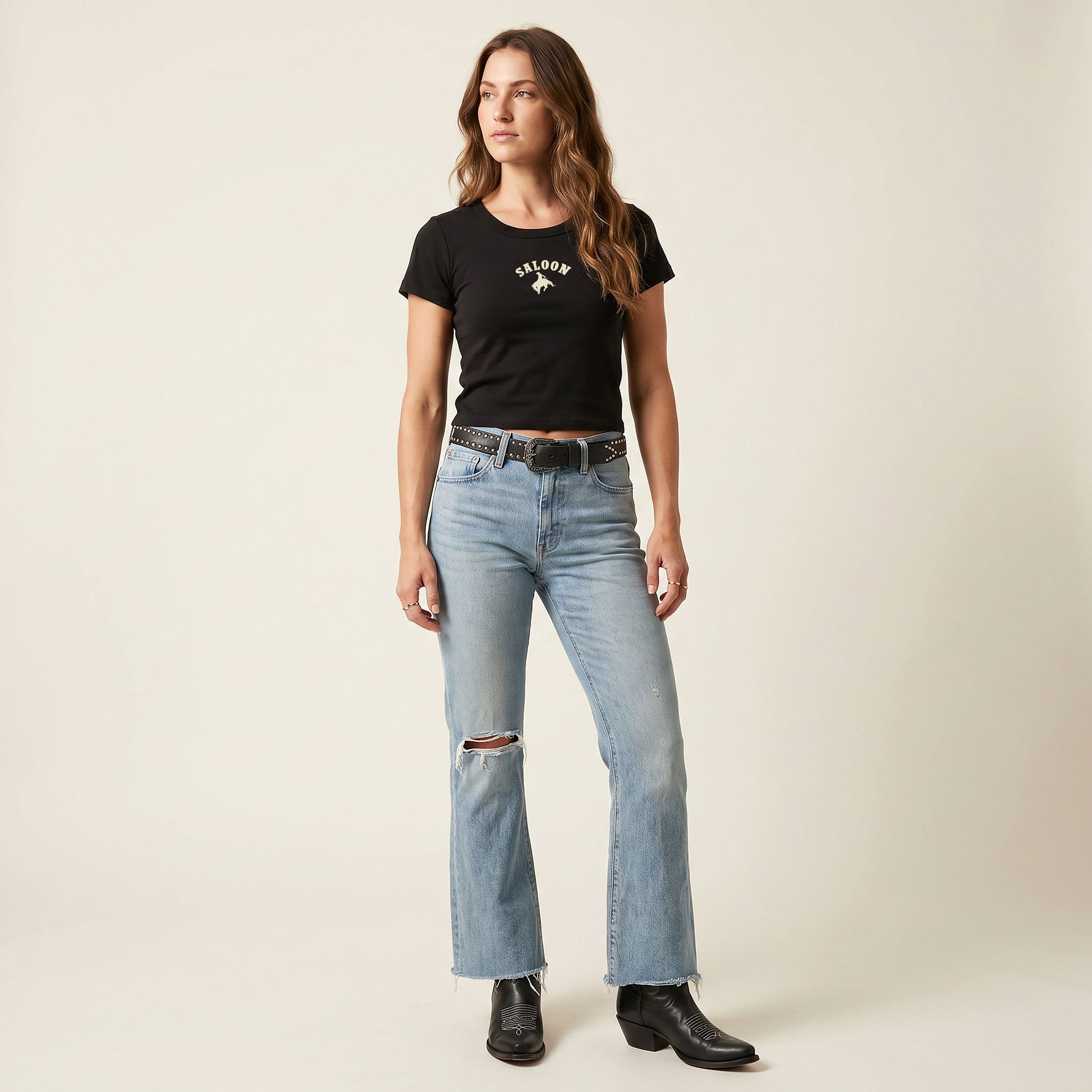 Saloon Cowboy Wo's Baby Tee - Black